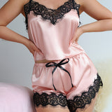 Chic Striped & Lace Pajama Set - Elegant V-Neck Cami & Satin Bow Shorts - Cozy Sleepwear for Women