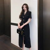 kamames Elegant Suit Collar Midi Dresses for Women 2023 Summer New Vintage Fashion High Waist Short Sleeves Black Female Clothing