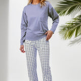 Plaid Print Pocket Crew Neck Long Pajamas Set, Casual Long Sleeve Pajama Top & Comfortable Long Pant, Women's Loungewear & Sleepwear