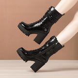 kamames Martin Boots 2023 Autumn / Winter Cheongsam Walking Shoes Tie English Style Thick Heels Lacquered Leather Boots Women's Short Boots