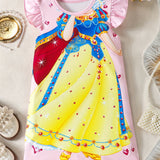 Charming Girls Princess Dress with Playful Cartoon Pattern - Soft Round Neck, Delicate Ruffle Sleeves, Comfortable Straight Casual Style