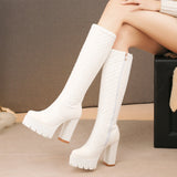 kamames White Winter Women Boots Fashion Platform Thick High Heel Knee High Boots Zipper Autumn Long Boots Shoes 2021