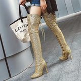 kamames Sgesvier Sequined Bride Wedding Thigh High Boots Women Shoes Gold Silver Red Thin High Heels Sexy Party Dress Long Boots Lady