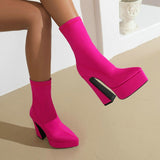kamames Blue Women Ankle Boots 2022 Stretch Fabric Platform Square High Heel Punk Boots Pointed Toe Autumn Winter Ladies Shoes