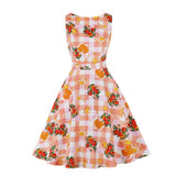 Zingj Arrivals Sleeveless Plaid Swing Flare Summer Dress Orange Fruit Printed 50s Elegant Party Wear A Line Midi Office Dresses