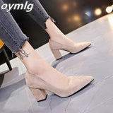 kamames Women Pumps Flock Sweet Thick High Heels Female Sexy Office Pointed Toe Dress Work Pump Cute Shoes Ladies Footwear