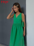 kamames Summer V-Neck Green Women'S Dress 2022 Casual Loose Sleeveless Office Midi Dresses Elegant Classic Ruched Female Dress