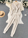 kamames Winter Casual Knitted Two Pieces Suits V Neck Long Sleeve Sweater+ Elastic Casual Long Pants Sets Women Sweater Sets