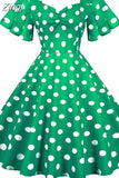 kamames Women Summer Dress Butterfly Sleeve Swing Vintage Dresses Robe Femme Elegant Green Polka Dot Party Sundress Jurken