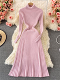 kamames Women Pleated Knitted Dress Turtleneck Long Sleeve Elastic Slim Pencil Dress Autumn Winter Sexy Bodycon Sweater Dress