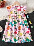 Girls Adorable Dino Graphic Flutter Sleeve Dress - Perfect for Summer Parties & Outdoor Fun - A Delightful Gift Option