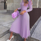 Zingj new autumn and winter new fashion temperament women's mid-length sweater knitted solid color pleated dress