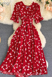kamames Women Polka Dot Midi Dress Vintage V-Neck Short Flare Sleeve Bandage A-Line Vestidos Female Casual Robe New Fashion