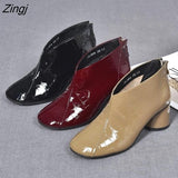 kamames Women's Short Boots Casual Thick Heels Shoe High Heels Round Toe Rear Zipper Leather Boots All-match British Style Women's Boots