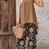 Spring-Summer Women's Two-Piece Set - Charming Floral Print & Solid Tank Top Combo, Comfy Wide-Leg Pants & Flattering High-Low Hem Top, Perfect for Casual Days and Relaxed Evenings