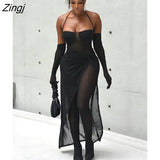 kamames Mesh See Through Jumpsuits Asymmetrical Skirt Black 3 Piece Set With Gloves Slim High Waist Dress Suit Sexy Partywear