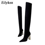 kamames Designer Stretch Cloth Women Over-the-knee Boots Metal Square High Heel Shoes Sexy Pointed Toe Ladies Motorcycle Booties