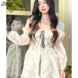 Zingj Spring Vintage Floral Dress Women Casual Korean Party Long Sleeve Fairy Dresses Female Evening High Street Sexy Mini Dress