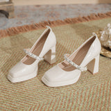kamames kamames Pearl New Square Head Shallow Mouth Thick With Patent Leather A Word Buckle Mary Single Shoes Jane High Heels Waterproof Platform