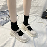 kamames Buckle Mary Jane Shoes Thick-Soled Flat-Soled Spring Single Shoes Round Head White Bright Leather Small British Leather Shoes
