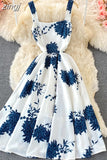 kamames Blue Floral Midi Dress For Women Elegant Square Collar Spaghetti Strap Robe Female High Waist Big Swing Vestidos 2023