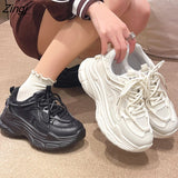 kamames Women Platform Sneakers Leather Casual Ladies Chunky Shoes 2023 White Woman High Black Fashion Brand Thick soled Wedge Sneakers