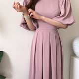 kamames Solid Casual Chic Elegant Dress for Women High Waist O-Neck Straps Short Lantern Sleeves Pleated Midi Dresses Summer 2023