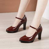kamames Leather Catwalk High Heel Women's Pointed High Heel Thick-Soled Waterproof Platform Professional Black Work Shoes Large-Size Single Shoes