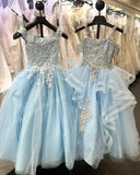 Sky Blue Girl Pageant Dress  Lace Applique Champagne Ruffle Tulle Little Kid Birthday Formal Cocktail Party Gown Infant Toddler Teen Tiny Junior Miss Mini Quince