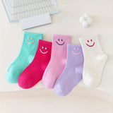 5 Pairs Of Girl's Cartoon Happy Face Pattern Knitted Socks, Cotton Blend Comfy Breathable Soft Crew Socks For Outdoor Wearing