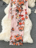 Zingj Autumn Sexy Long Dress Fashion O Neck Long Sleeves Slim Korean Mesh Sheer Floral Print Maxi Dress