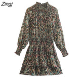 kamames Women Vintage V Neck Totem Floral Print Golden Line Mini Shirt Dress Female Elastic Waist Double Ruffles Vestidos DS2527