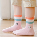 5 Pairs Of Toddler's Trendy Color Block & Smiling Face Pattern Crew Socks, Soft Comfy Children's Socks For Boys Girls All Seasons Wearing