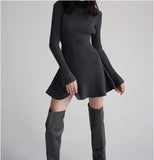 kamames kamames Neck Solid Knitted Ribbed Mini Dress Women Elegant Long Sleeve Slim Fit Short Dress 2023 Autumn Fashion Female Party Robes 1127-1