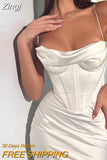 kamames Summer Women Solid Satin Strap Corset Midi Dress Bodycon Sexy Streetwear Party Elegant Club Festival Evening Clothes
