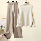 kamames Winter Warm Knitted Suit Women Long Sleeve Half Turtleneck Knitting Sweater And Wide Leg Pants Sets Outer Wear Loose Set