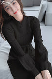 kamames Dresses for Women Party Long Sleeve Midi Patchwork Knitted Sweater Dress Lace Stand Collar A-Line Chinese Style Winter 2023