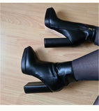 kamames Onlymaker Women Ankle Boots Pointed Toe Black Matte Flock12CM Chunky Heel Platform Booties Party Shoes Large Size Short Boots