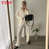 kamames Beige Pleated Wide Leg Women's Pants 2021 Fashion Loose Office Wide Trousers Pants Ladies Elegant Full Length Palazzo Pants