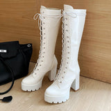 kamames Spring Autumn Lacing Knee High Boots Women Fashion White Square Heel Long Boots Woman Leather Shoes Winter Large Size 34-43