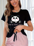 Womens Panda Print Casual Tee - Comfortable & Fashionable Short Sleeve Shirt with Playful Slogan, Adorable Round Neck Loungewear for Sweet Dreams