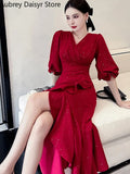Zingj Midi Red Mermaid Dress Women Autumn Korean Sexy V-neck Irregular Sequins Dress Vintage Casual Evening Party Dress 2023