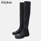 kamames 2023 New Platform Over The Knee Boot Women Slim Stretch Fabric Long Sock Boots Winter Low Heel Casual Ladies Shoes
