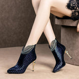 Peacock Pattern Embossed Leather Boots Woman Ankle Boots Plating Heel Rhinestone Women's Winter Shoes 2020 Female Footware Blue