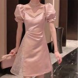 kamames Chic Mini Sequin Dress Women Vintage V-neck Luxury Evening Dress Female Elegant Lace Patchwork Prom Party Dress 2023