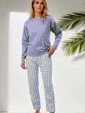 Plaid Print Pocket Crew Neck Long Pajamas Set, Casual Long Sleeve Pajama Top & Comfortable Long Pant, Women's Loungewear & Sleepwear