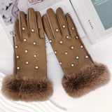 Thick Soft Plush Cuff Gloves Rhinestone Decor PU Leather Gloves Autumn Winter Windproof Touchscreen Gloves