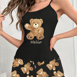 Cute Backless Teddy Bear Pajama Set - Frilly Trim & Elastic Shorts - Comfy Sleepwear for Women