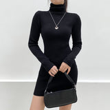 kamames Solid Long Sleeve Knitted Bodycon Autumn Winter Dress Women Mini Casual Basic Slim Turtleneck Dresses Black Vestidos