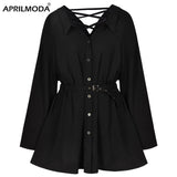 kamames Punk Gothic Black Shirt Dress Hip Hop Streetwear Grunge Clothes Long Sleeve V Collar Sexy Slim High Waist Mini Dresses